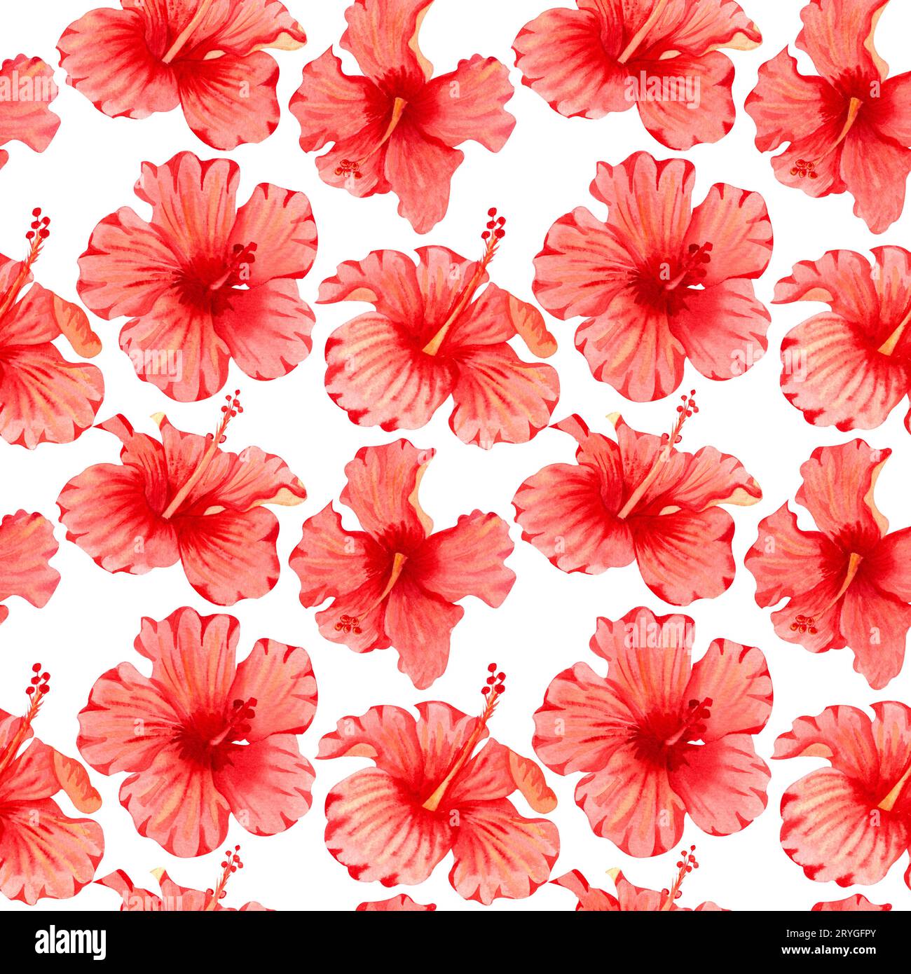 Watercolor seamless tropical floral pattern. Red hibiscus and palm leaves on white background. Hand drawn watercolor seamless pa Stock Photo