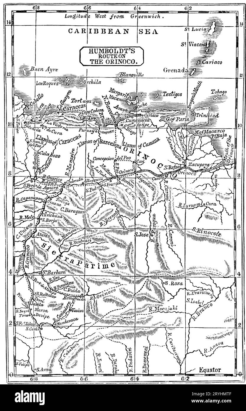 Humboldt's Route on the Orinoco, 1800. Friedrich Wilhelm Heinrich Alexander von Humboldt (1769-1859) was a German polymath, geographer, naturalist and explorer. In February 1800, Humboldt explored the course of the Orinoco River and its tributaries. This trip, which lasted four months and covered 1,725 miles (2,776 km), had an aim of establishing the existence of the Casiquiare canal. Stock Photo