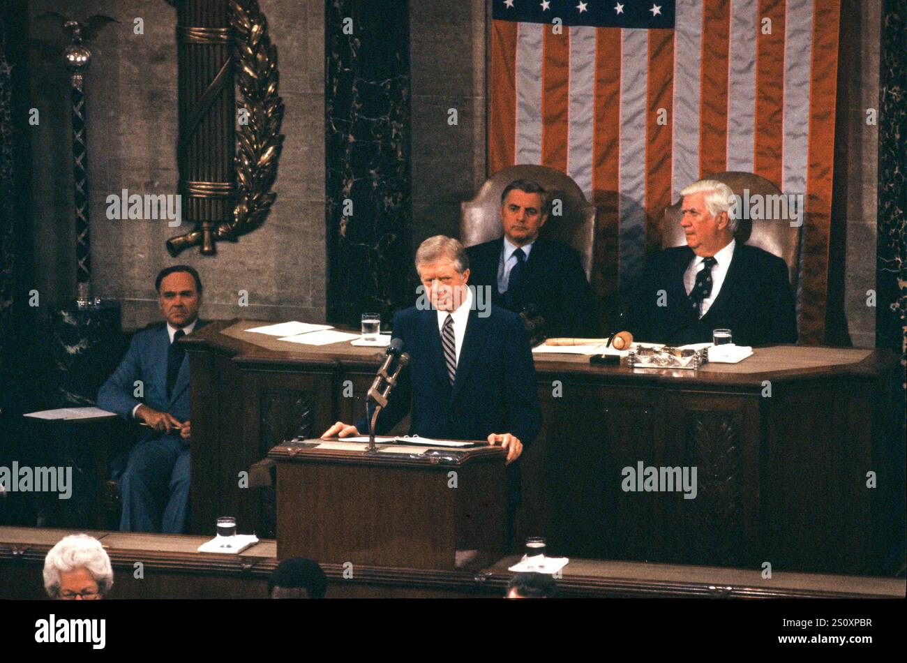 United States President Jimmy Carter addresses a Joint Session of Congress to report on the SALT II Vienna Summit following his signing a treaty between the U.S. and the U.S.S.R. on the Limitation of Strategic Offensive Arms and Related Documents with Leonid Il'ich Brezhnev, General Secretary and Member, Politburo, Communist Party of the Soviet Union Central Committee and Chairman of the Presidium of the Supreme Soviet of the United Soviet Socialist Republic (U.S.S.R.) in the US House Chamber of the US Capitol on Monday, June 18, 1979. Credit: Howard L. Sachs/CNP Stock Photo