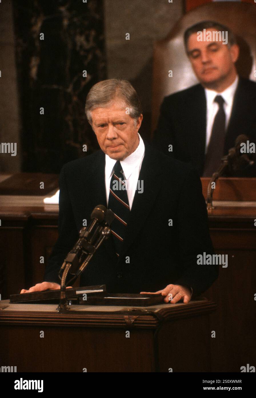 United States President Jimmy Carter addresses a Joint Session of Congress to report on the SALT II Vienna Summit following his signing a treaty between the U.S. and the U.S.S.R. on the Limitation of Strategic Offensive Arms and Related Documents with Leonid Il'ich Brezhnev, General Secretary and Member, Politburo, Communist Party of the Soviet Union Central Committee and Chairman of the Presidium of the Supreme Soviet of the United Soviet Socialist Republic (U.S.S.R.) in the US House Chamber of the US Capitol on Monday, June 18, 1979.Credit: Howard L. Sachs/CNP/Sipa USA Stock Photo