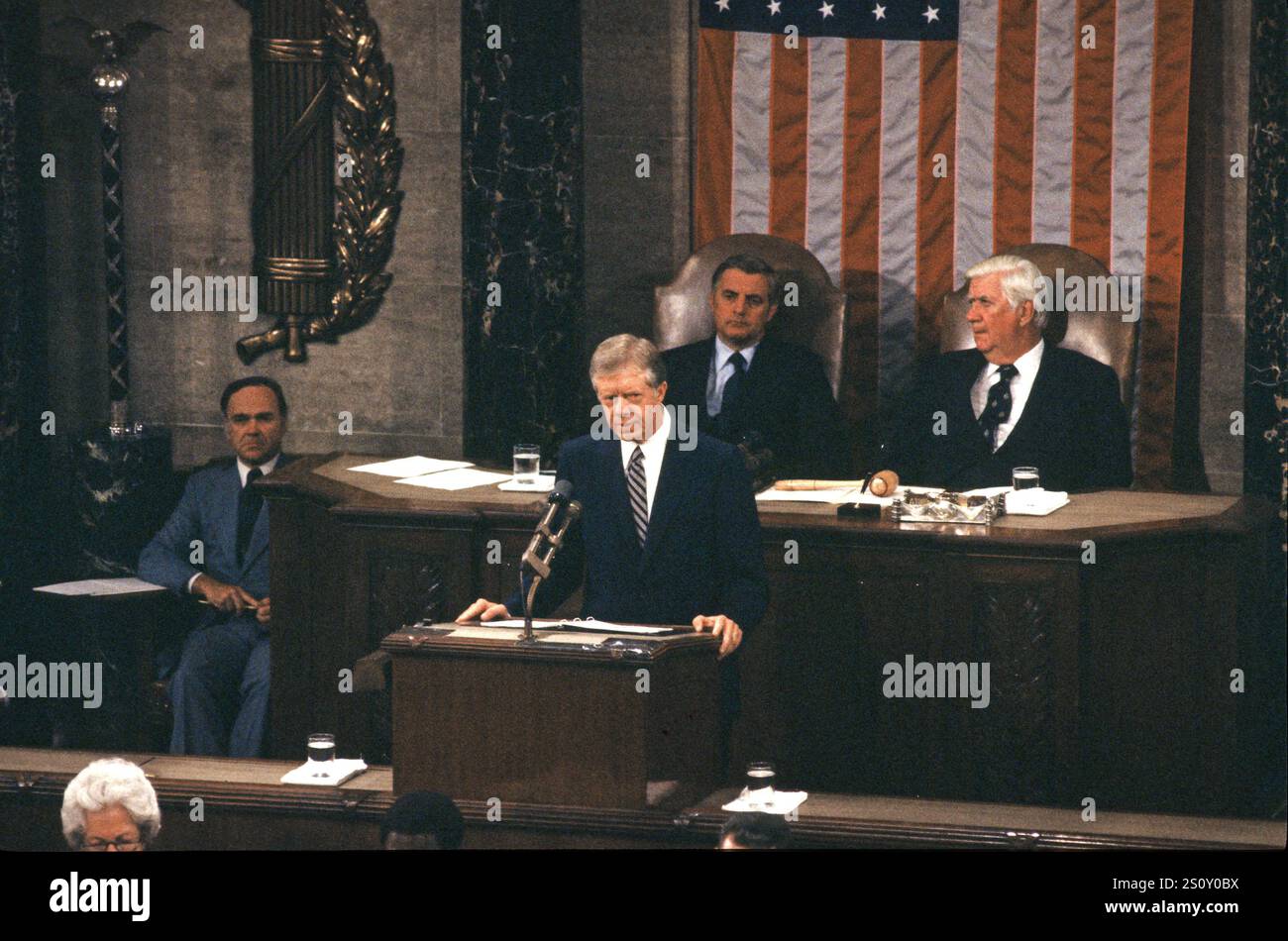 United States President Jimmy Carter addresses a Joint Session of Congress to report on the SALT II Vienna Summit following his signing a treaty between the U.S. and the U.S.S.R. on the Limitation of Strategic Offensive Arms and Related Documents with Leonid Il'ich Brezhnev, General Secretary and Member, Politburo, Communist Party of the Soviet Union Central Committee and Chairman of the Presidium of the Supreme Soviet of the United Soviet Socialist Republic (U.S.S.R.) in the US House Chamber of the US Capitol on Monday, June 18, 1979. Photo by Howard L. Sachs/CNP/ABACAPRESS.COM Stock Photo