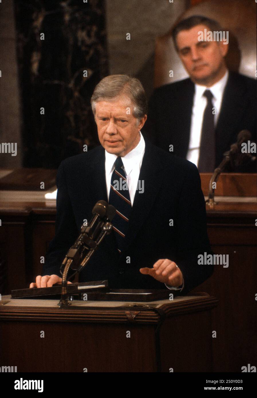 United States President Jimmy Carter addresses a Joint Session of Congress to report on the SALT II Vienna Summit following his signing a treaty between the U.S. and the U.S.S.R. on the Limitation of Strategic Offensive Arms and Related Documents with Leonid Il'ich Brezhnev, General Secretary and Member, Politburo, Communist Party of the Soviet Union Central Committee and Chairman of the Presidium of the Supreme Soviet of the United Soviet Socialist Republic (U.S.S.R.) in the US House Chamber of the US Capitol on Monday, June 18, 1979. Photo by Howard L. Sachs/CNP/ABACAPRESS.COM Stock Photo