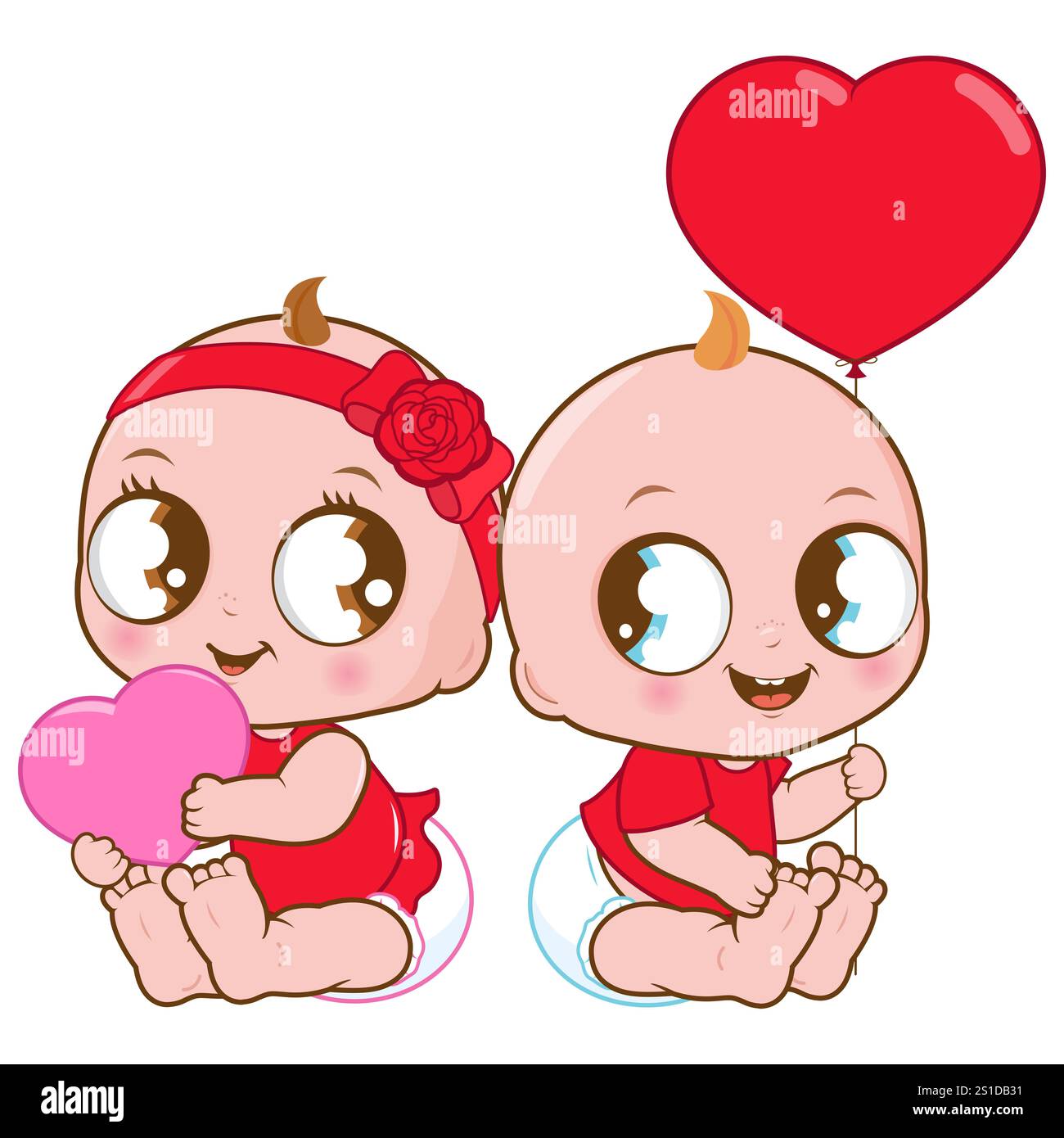 Cute baby girl and boy with red hearts. Cute Valentine day babies with red heart balloon. Stock Photo