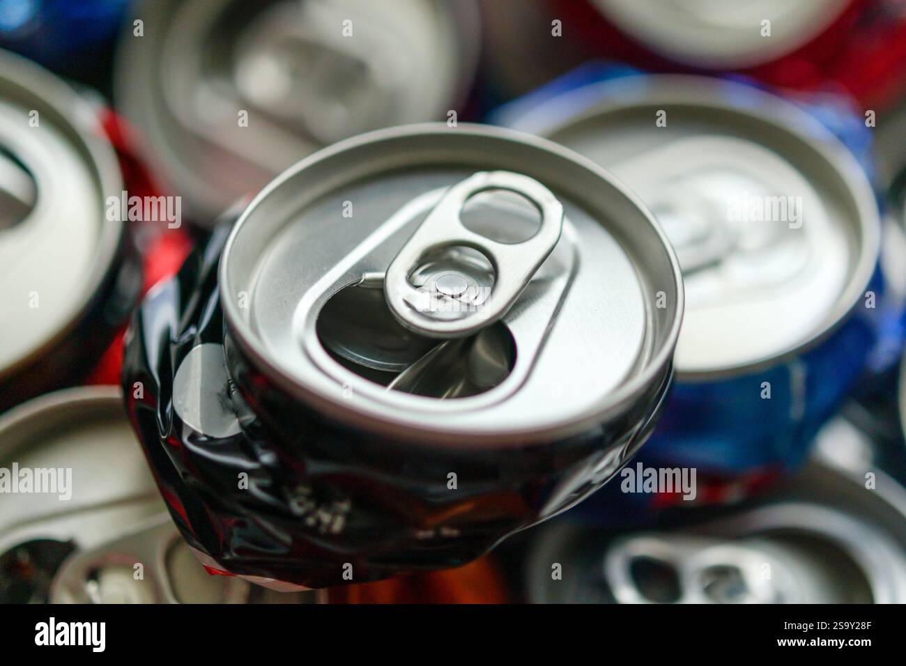 recycle aluminum metal crushed can waste background Stock Photo