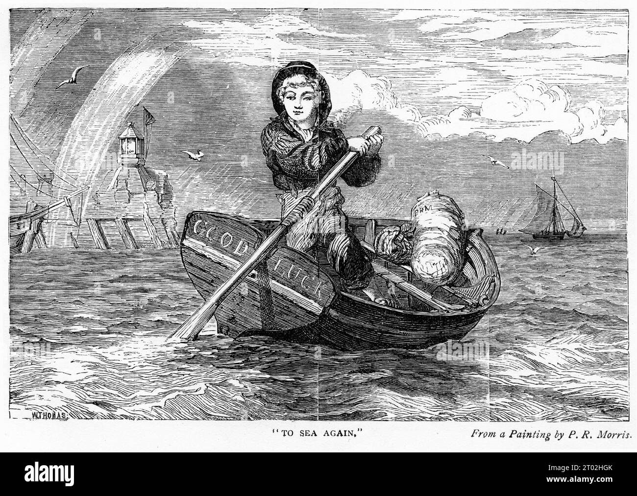 Engraving of a young sailor heading out to his ship in a rowboat names the Good Luck Stock Photo