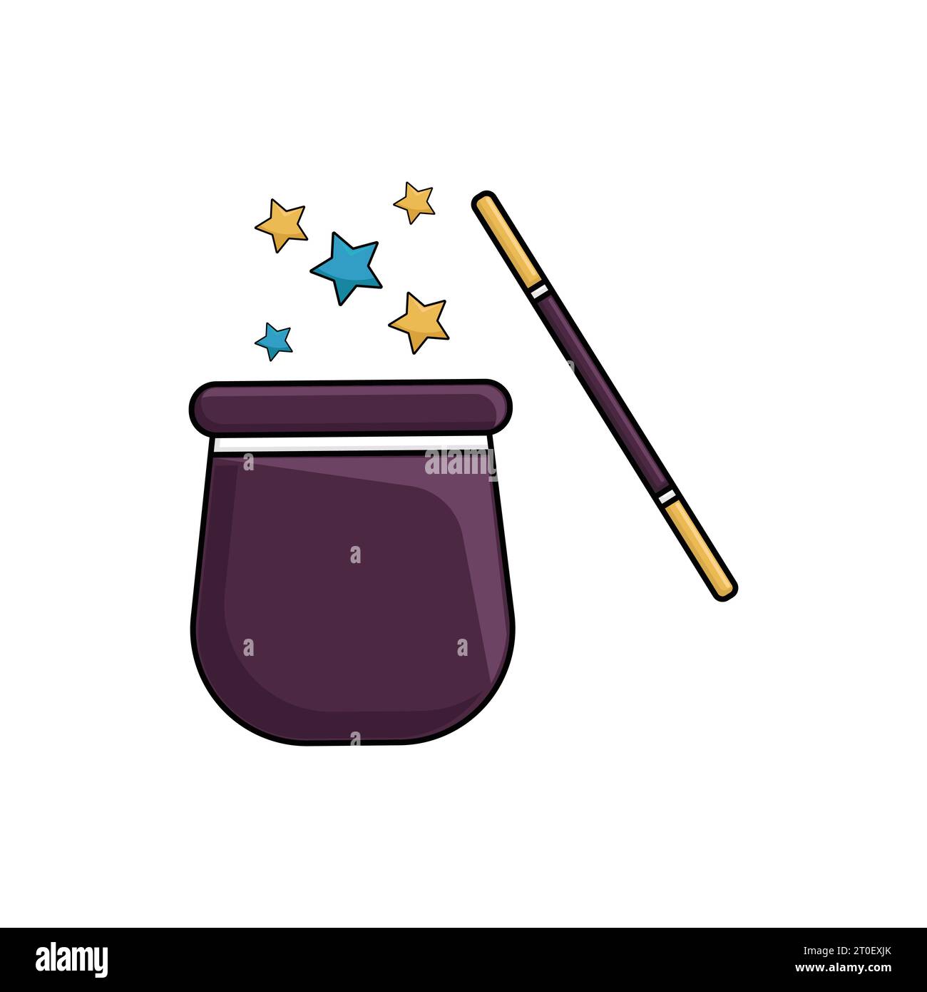 Magic hat and wizard wand with blinking stars. Magical spell illustration Stock Vector