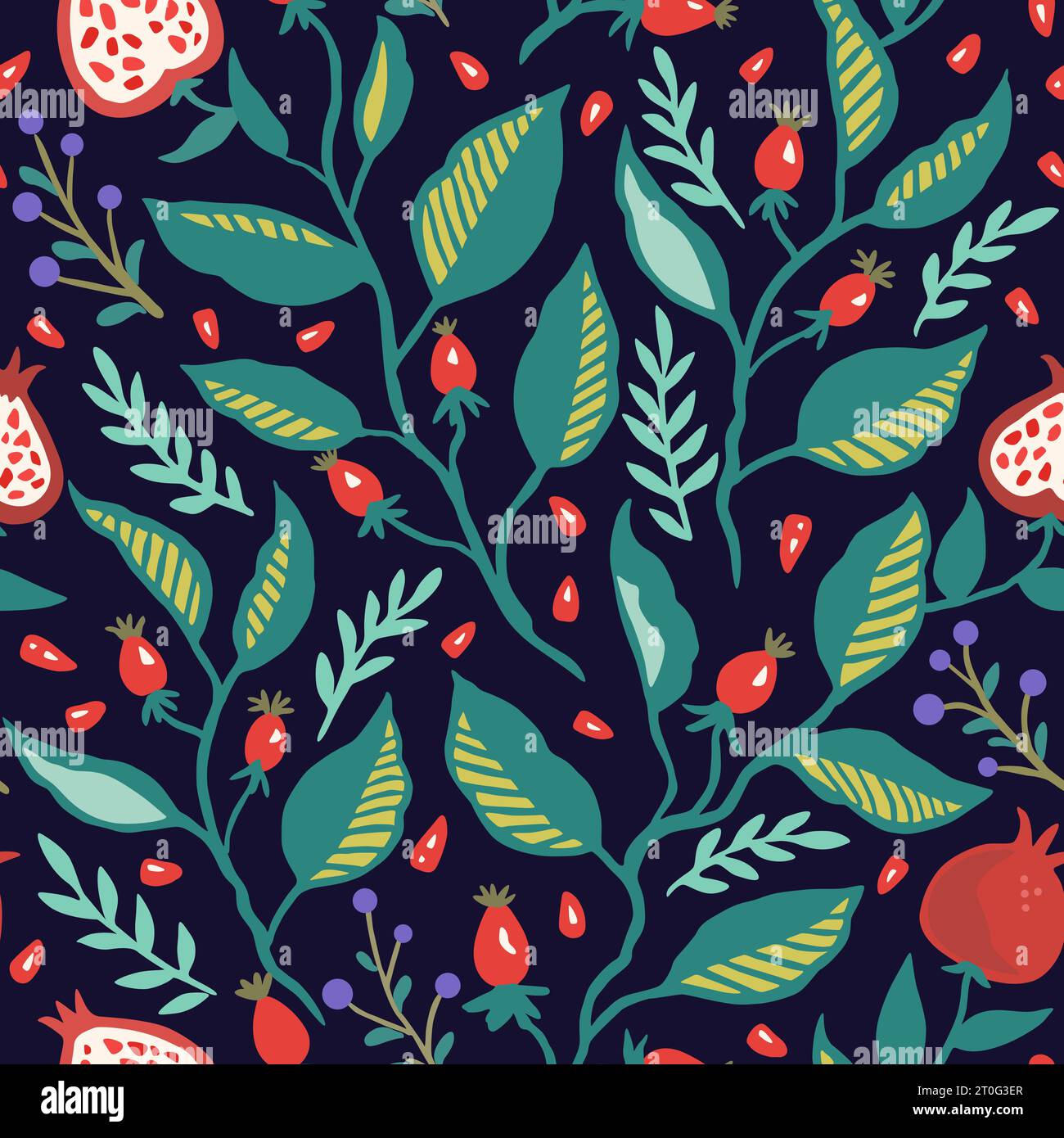 Seamless pattern with dynamic stylizes branches with red berries. Original trendy background for design Stock Vector