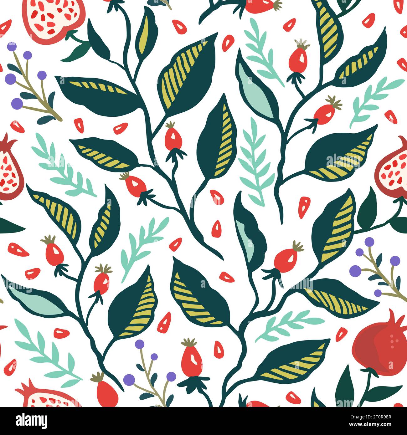 Seamless pattern with dynamic stylizes branches with red berries. Original trendy background for design Stock Vector