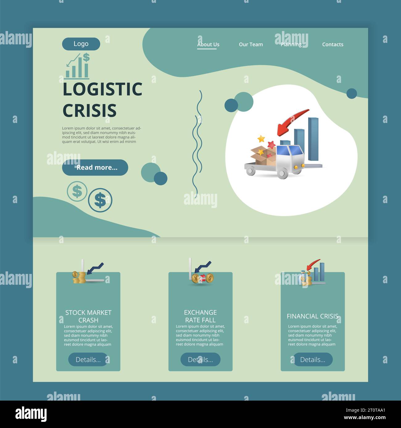 Logistic crisis flat landing page website template. Stock market crash, exchange rate fall, financial crisis. Web banner with header, content and Stock Vector