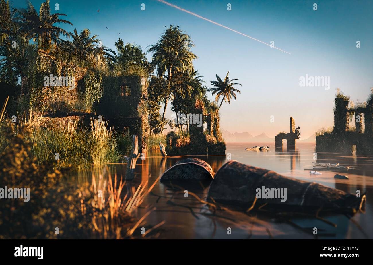 Drowned houses in Tropical islands,  3D Render Stock Photo