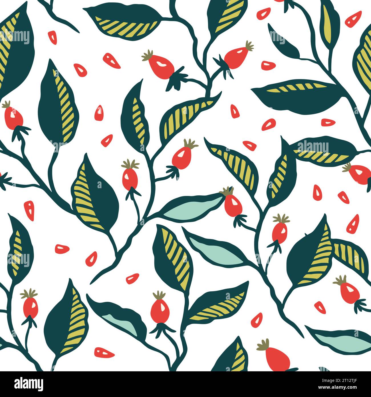 Seamless pattern with dynamic stylizes branches with red berries. Original trendy background for design Stock Vector