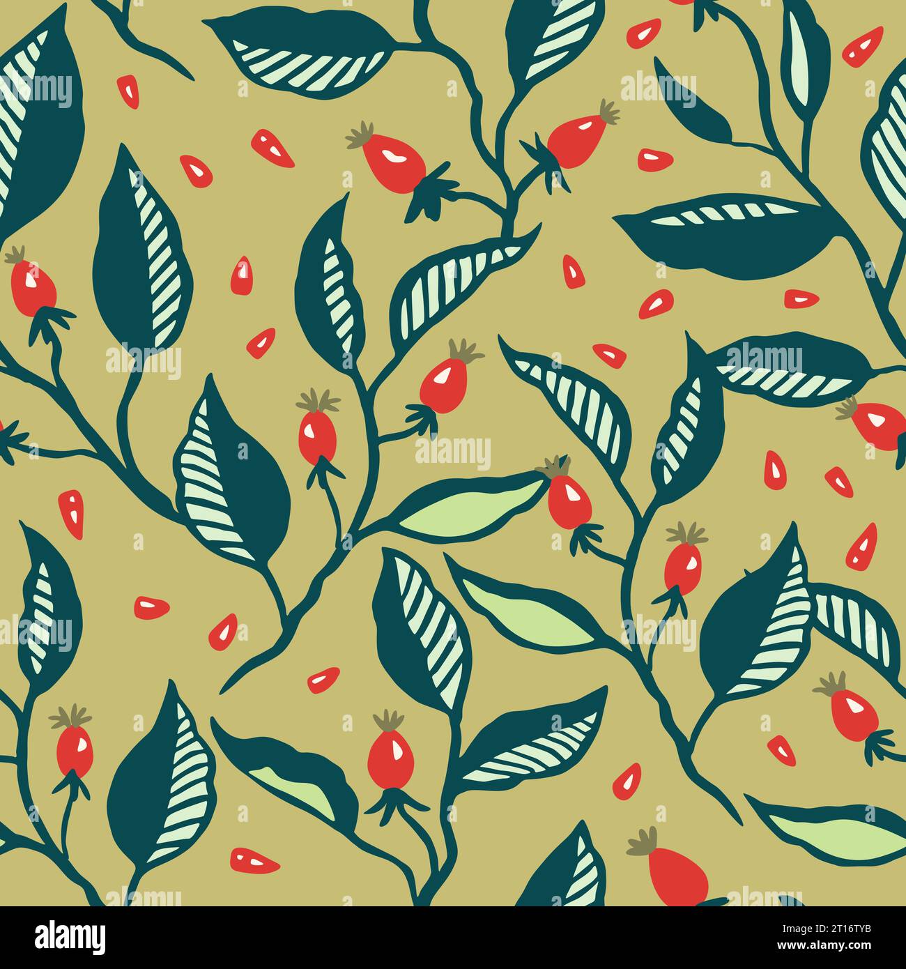 Seamless pattern with dynamic stylizes branches with red berries. Original trendy background for design Stock Vector