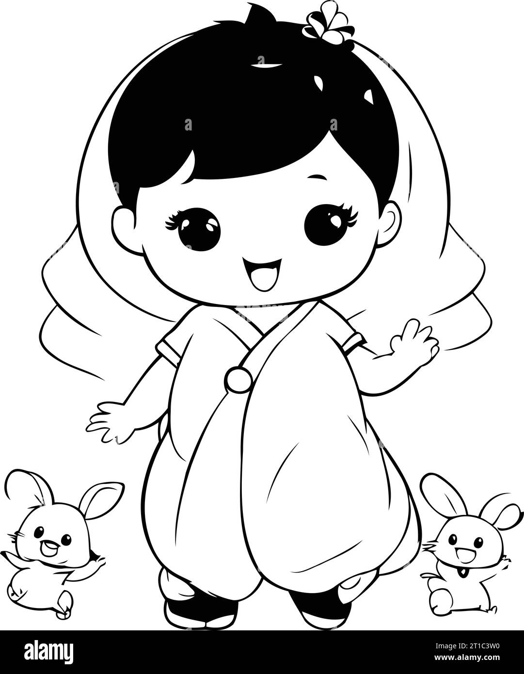 Cute little baby girl with bunny. Black and white vector illustration ...