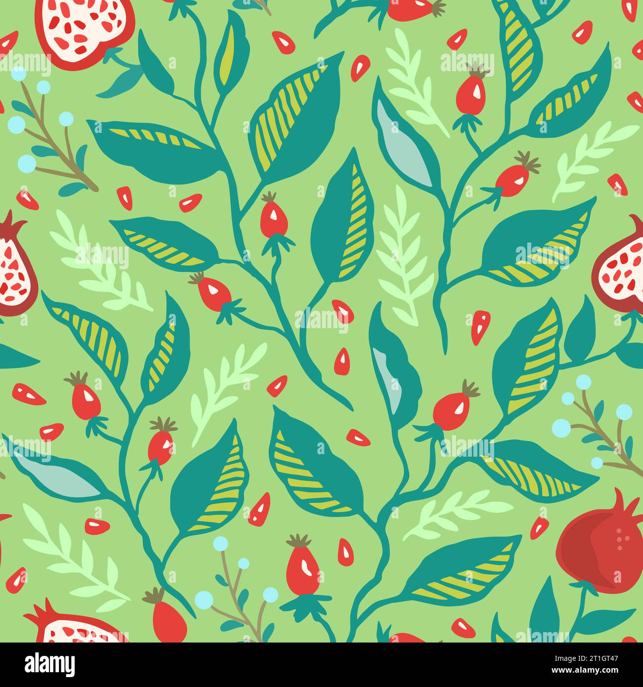 Seamless pattern with dynamic stylizes branches with red berries. Original trendy background for design Stock Vector