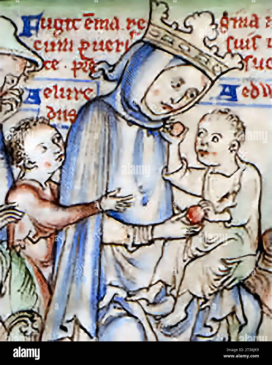 Emma of Normandy with her two young sons fleeing before the invasion of Sweyn Forkbeard (1013). Emma of Normandy (c. 984-1052) was a Norman-born noblewoman who became the English, Danish, and Norwegian queen through her marriages to the Anglo-Saxon king Æthelred the Unready and the Danish king Cnut the Great. Stock Photo