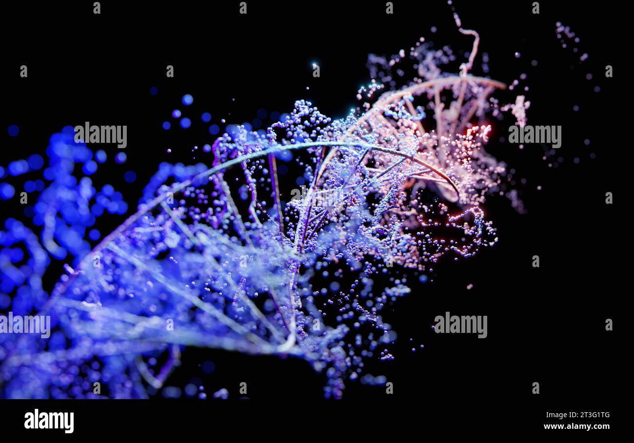 Chromosome spiral strand of DNA helix with blue neon light particles.3D illustration Stock Photo