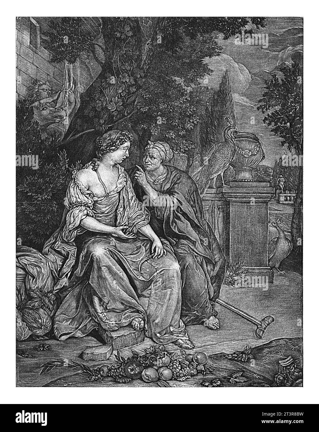 Vertumnus and Pomona, Jan Brouwer, after Thomas van der Wilt, 1688 Vertumnus, the Italian god and protector of gardens and orchards, and Pomona sit on Stock Photo