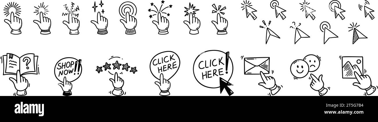 Doodle click icons set. Hand finger cursor pointer. Enable notifications. Customer five star rating and testimonials. Shop now and click here buttons. Stock Vector