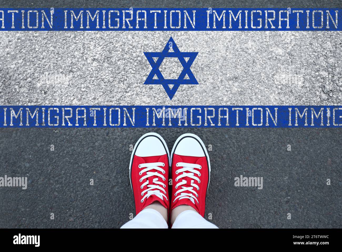 Immigration. Woman standing on asphalt near flag of Israel, top view Stock Photo