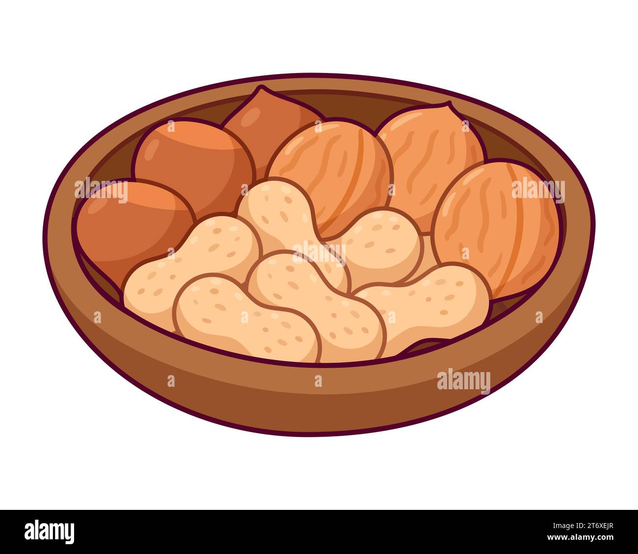 Bowl of mixed nuts (Bureom). Peanuts, walnuts, chestnuts cartoon drawing. Isolated vector clip art illustration. Stock Vector