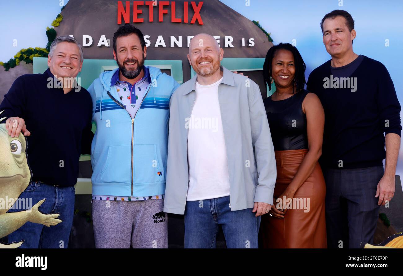 WESTWOOD, CA - NOVEMBER 19: Ted Sarandos, Adam Sandler, Bill Burr, Karen Toliver, Scott Stuber at the LA premiere of Netflix' Leo at the Regency Village Theatre in Westwood, California on November 19, 2023. Credit: Faye Sadou/MediaPunch Stock Photo