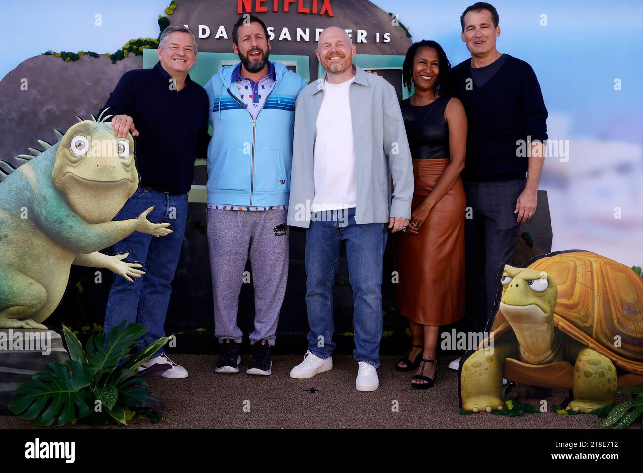 WESTWOOD, CA - NOVEMBER 19: Ted Sarandos, Adam Sandler, Bill Burr, Karen Toliver, Scott Stuber at the LA premiere of Netflix' Leo at the Regency Village Theatre in Westwood, California on November 19, 2023. Credit: Faye Sadou/MediaPunch Stock Photo