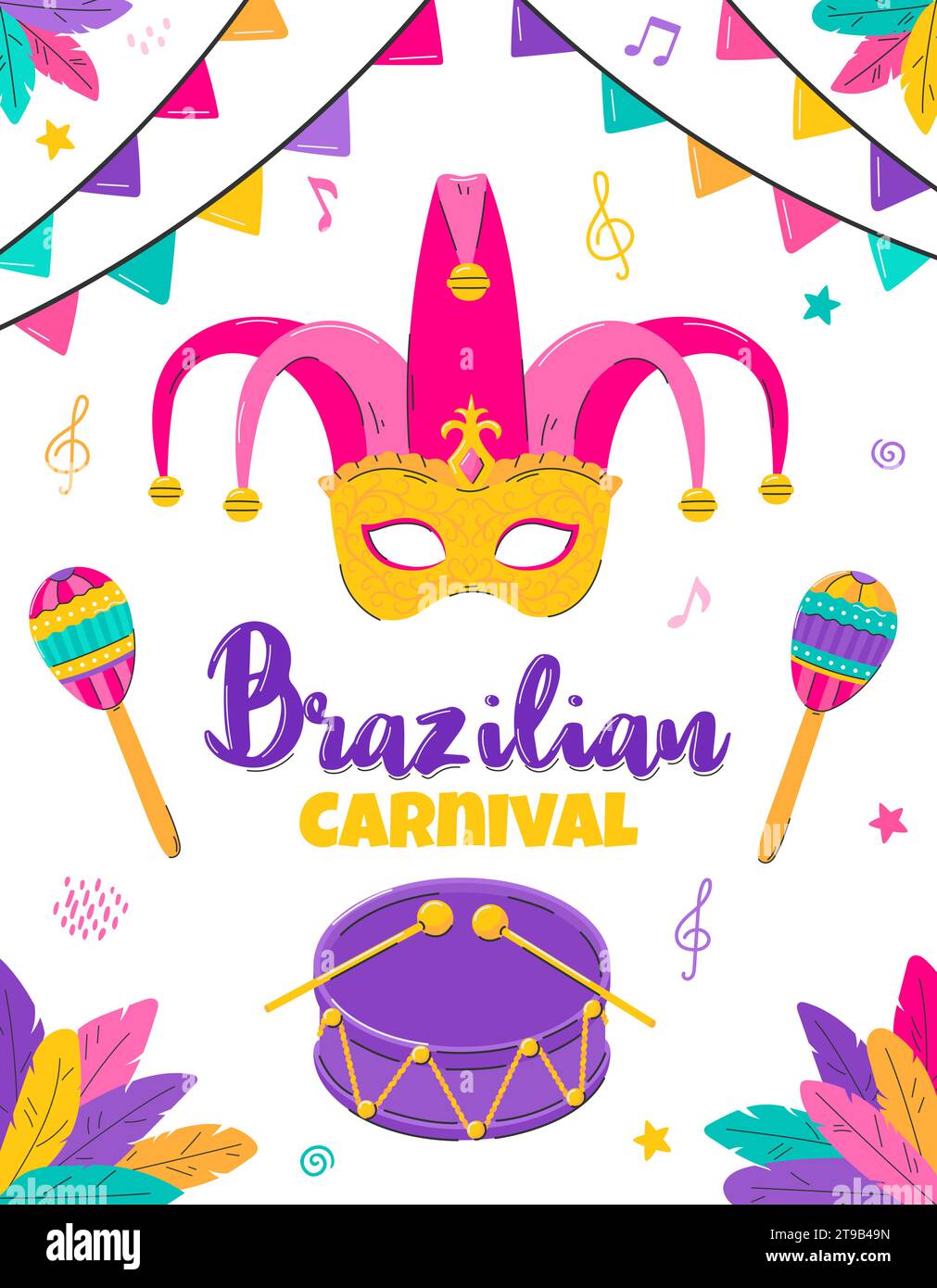 Brazilian carnival poster template. Invitation with Mask. Comedy and tragedy masks, tambourine, flags, balloon. Flat vector illustration on white back Stock Vector