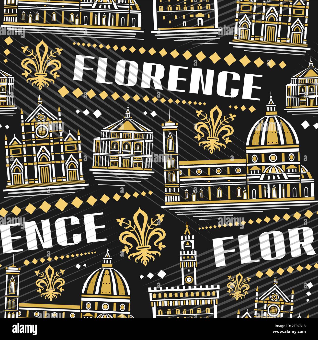 Vector Florence Seamless Pattern, square repeat background with illustration of famous european florence city scape on dark background, decorative lin Stock Vector