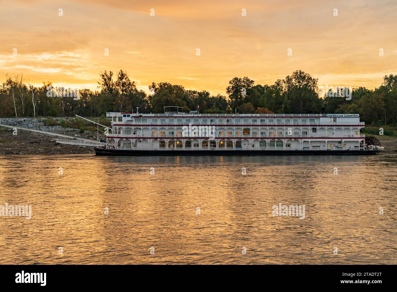 Memphis, TN - 23 October 2023: American Countess cruise boat docked by slipway in low water conditions on Mississippi river in Tennessee Stock Photo