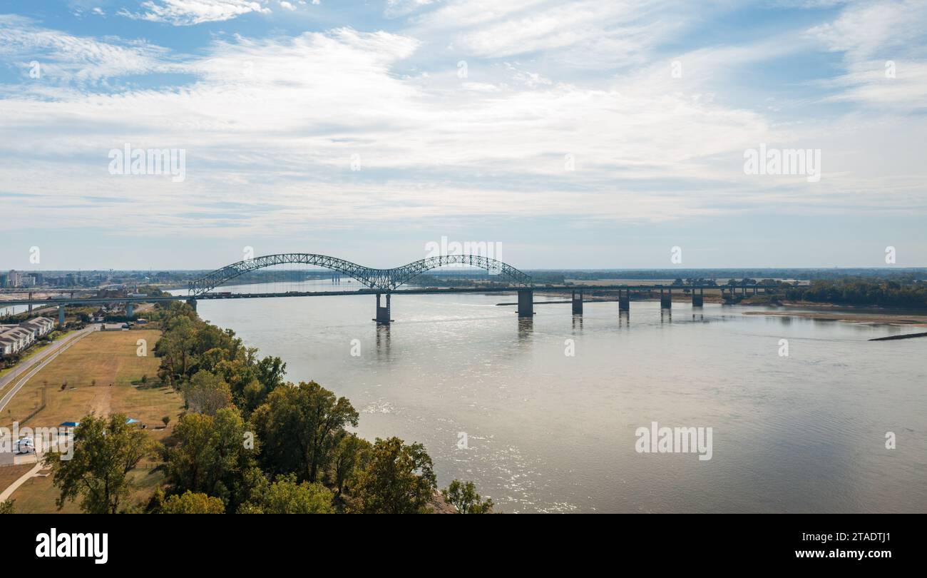 Extreme low water conditions on Mississippi river under Hernando de Soto bridge in Memphis TN in October 2023 Stock Photo