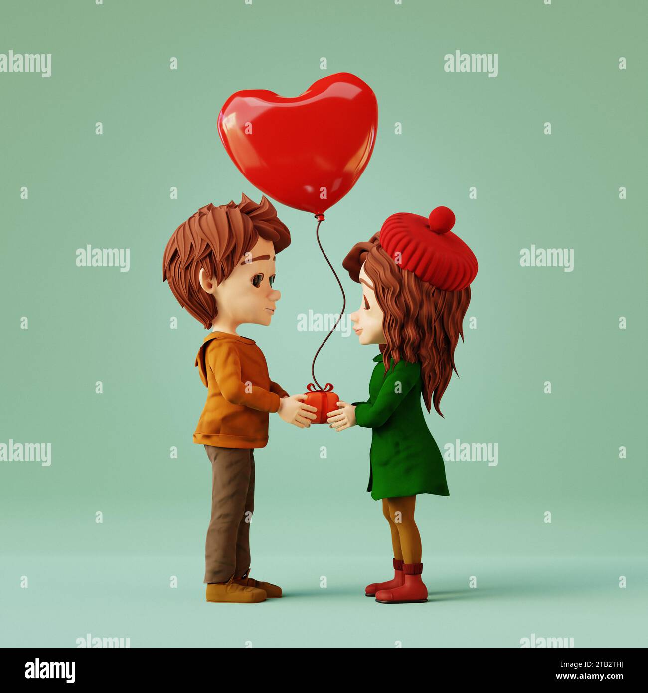 Cartoon boy and girl holding heart shape balloon. Valentines day concept. 3d render Stock Photo