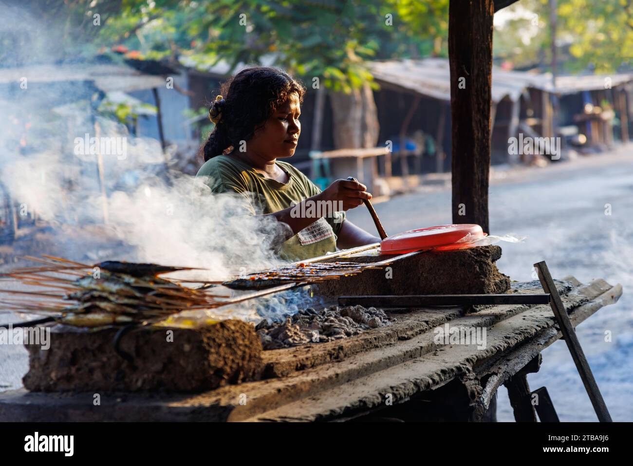 Young woman cooking fish on an open fire in a street market, near Baucau, The Democratic Republic of Timor-Leste. Stock Photo