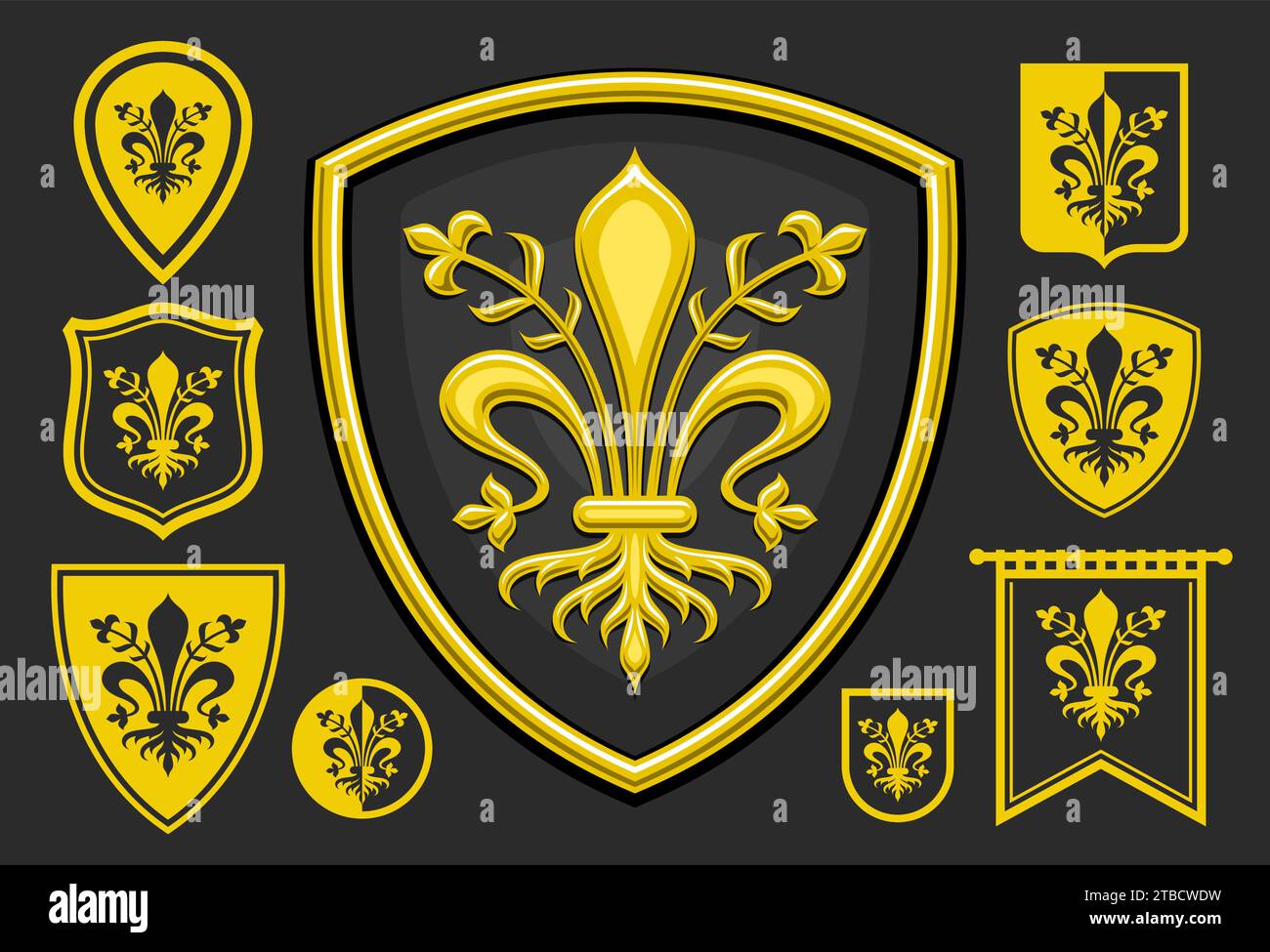 Vector Florence Emblem Set, horizontal poster with lot collection of 9 isolated illustrations of dark and yellow florence coat of arms, decorative fla Stock Vector