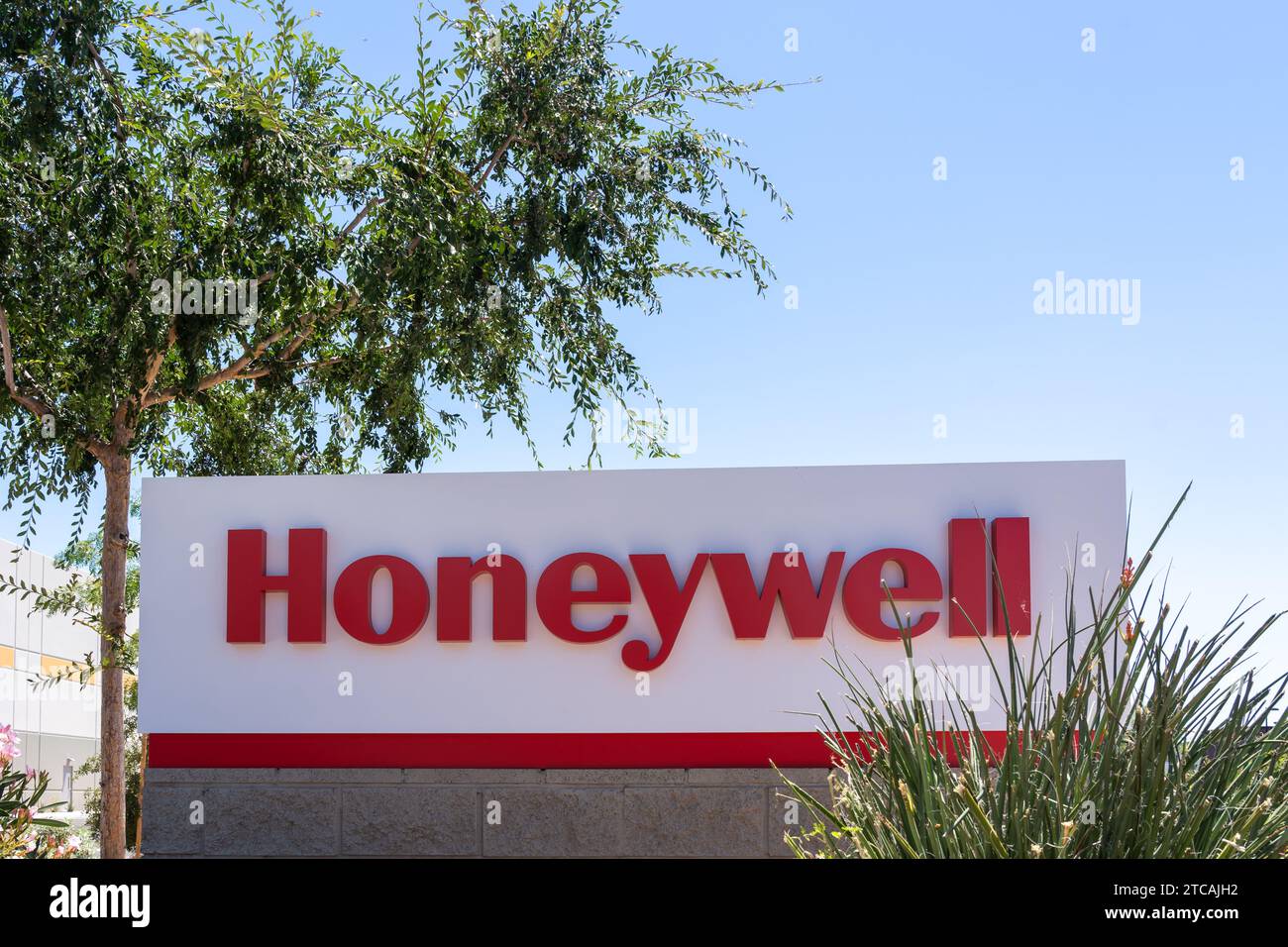 Close up of Honeywell ground sign is seen in Tempe, AZ, USA Stock Photo