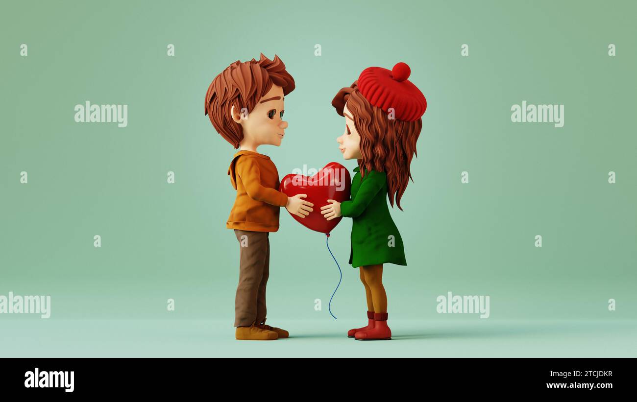 Cartoon boy and girl holding heart shape balloon. Valentines day concept. 3d render Stock Photo