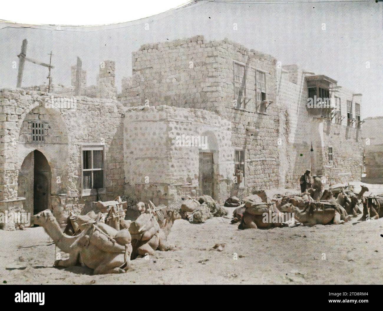 Yanbu, Arabia One Square, Animal, Habitat, Architecture, Real Animal, Camel, Caravan, Dwelling, Door, Square, Arabia, Yambo, One Square, Yanbu al-Bahr, 08/04/1918 - 08/04/1918, Castelnau, Paul, 1918 - Middle East, Egypte, Palestine, Chypre - Paul Castelnau (Photographic section of the army) - (9 January-6 October), Autochrome, photo, Glass, Autochrome, photo, Positive, Horizontal, Size 9 x 12 cm Stock Photo