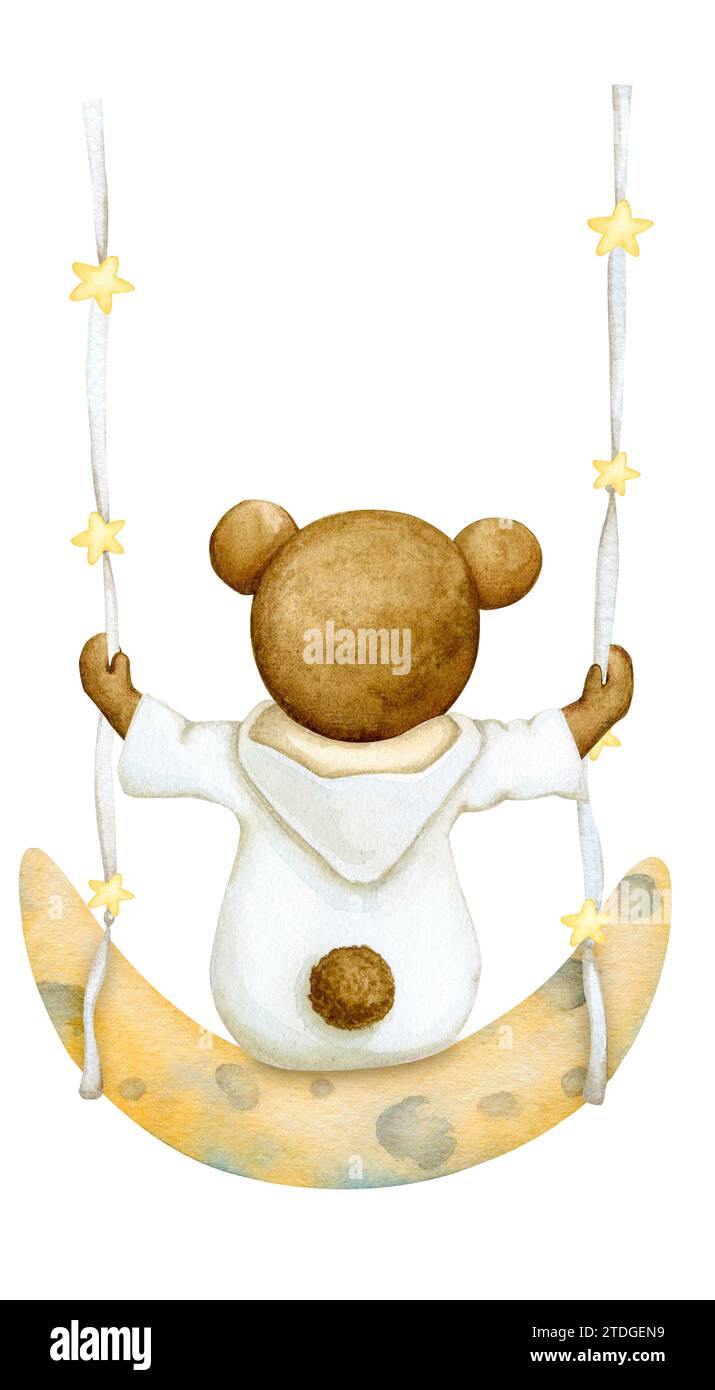 Cute baby bear rides on a moon-shaped swing. Boy. Hand painted watercolor. Birthday, baby shower, children's party. Design for invitations, packaging, Stock Photo