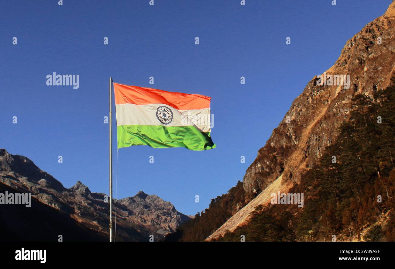 indian flag is flying over the sky near india china border (mcmahon line) in tawang area of arunachal pradesh, north east india Stock Photo