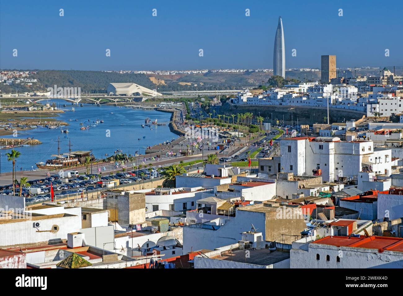 Aerial view over the river Bou Regreg, medina, Hassan Tower and Mohammed VI Tower in the city Rabat, Rabat-Salé-Kénitra, Morocco Stock Photo