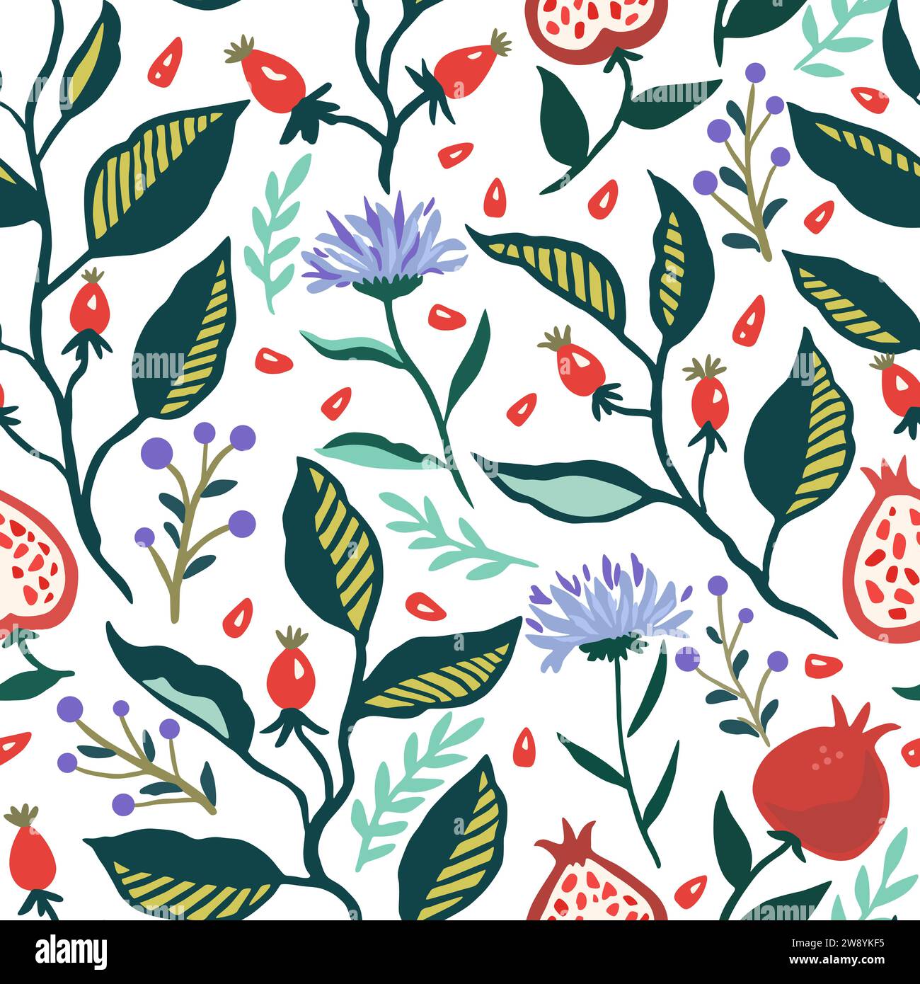 Seamless pattern with dynamic stylizes branches with red berries. Original trendy background for design. Stock Vector