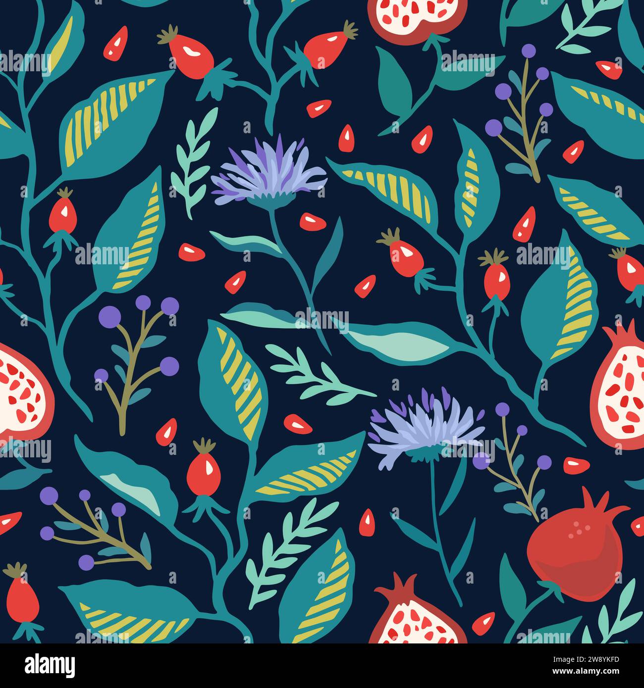 Seamless pattern with dynamic stylizes branches with red berries. Original trendy background for design. Stock Vector