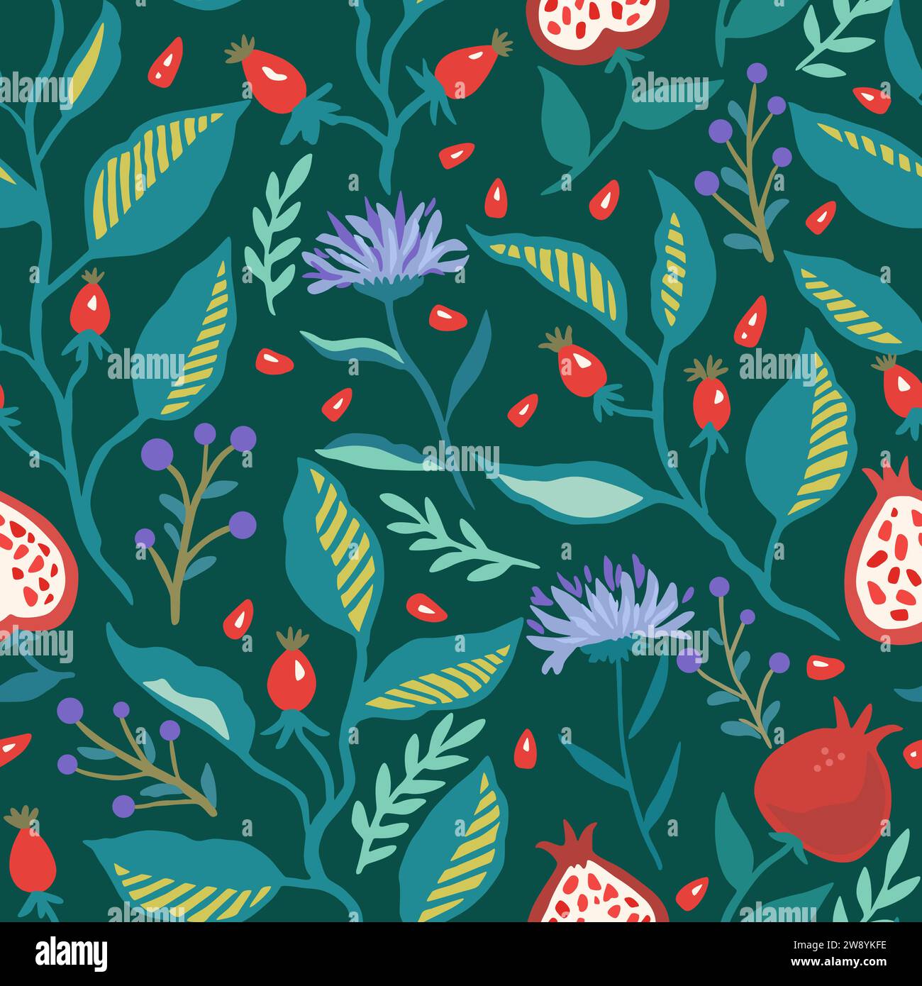 Seamless pattern with dynamic stylizes branches with red berries. Original trendy background for design. Stock Vector