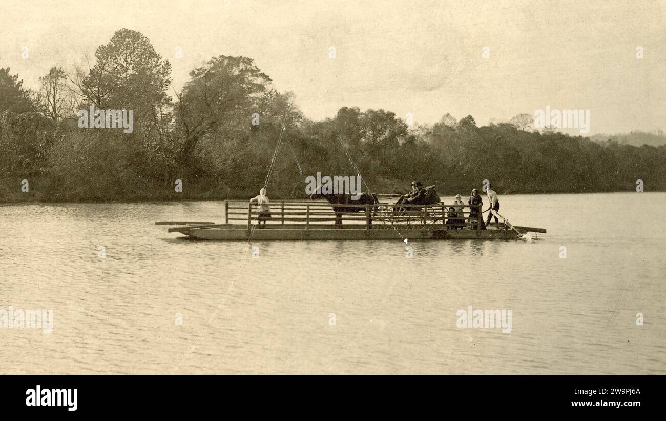 Ferry 1900, Old Ferry Boat transporting passengers and horse and buggy, about 1900 Stock Photo