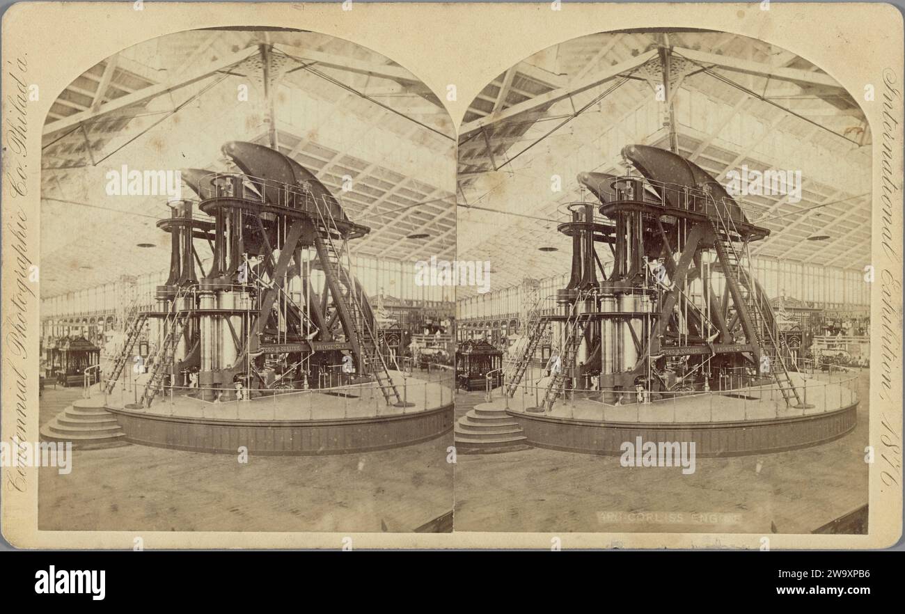 Corliss Centennial Engine (steam engine) at the World Exhibition in Philadelphia in 1876, 1876 stereograph  Philadelphia paper. photographic support. cardboard albumen print world fair, world exhibition. machines, engines  crafts and industries. Centennial Exhibition Philadelphia Stock Photo