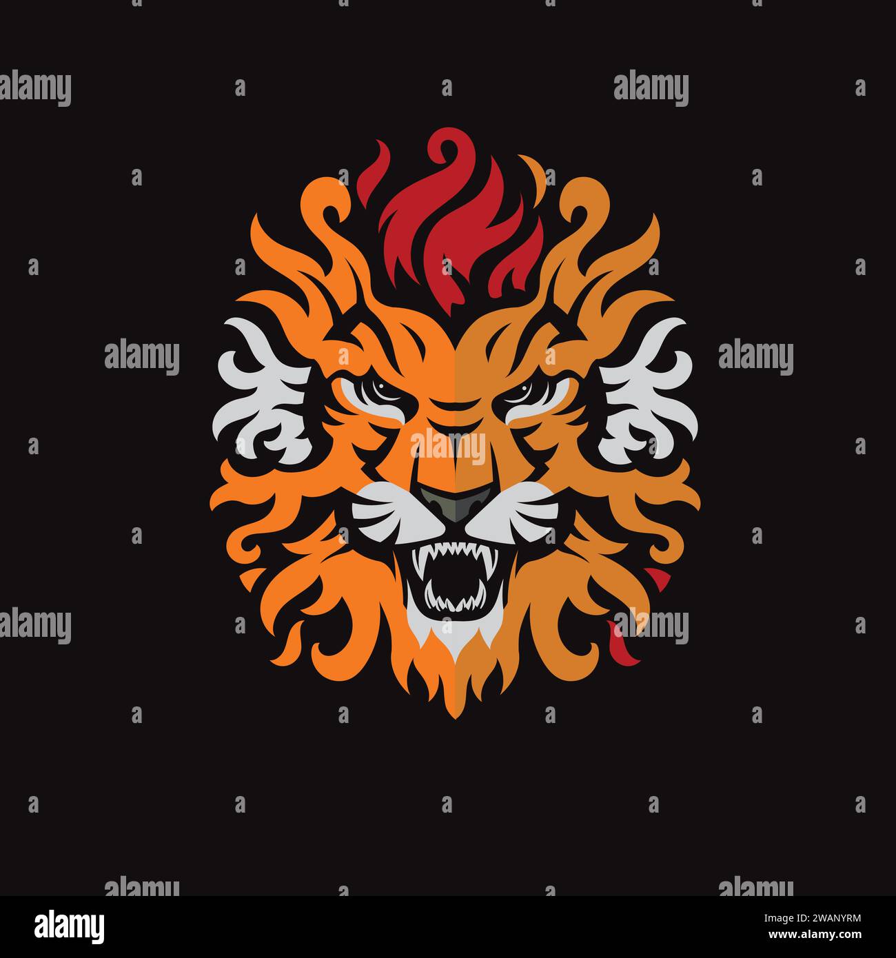 abstract angry lion fire head color vector illustration, abstract lion head with fire logo vector Stock Vector