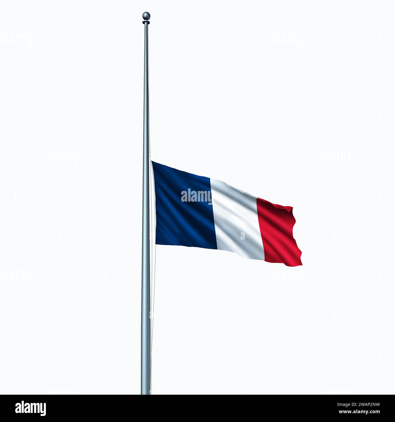 France and the French in mourning as the blue white and red flag at Half mast on the flagpole or staff day as an icon of honor respect and national Stock Photo