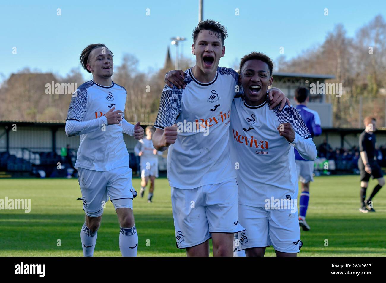 Landore, Swansea, Wales. 6 January 2024. Thomas Woodward of Swansea City celebrates scoring his side's second goal with team-mate Aimar Govea during the Under 18 Professional Development League match between Swansea City and Ipswich Town at the Swansea City Academy in Landore, Swansea, Wales, UK on 6 January 2024. Credit: Duncan Thomas/Majestic Media/Alamy Live News. Stock Photo