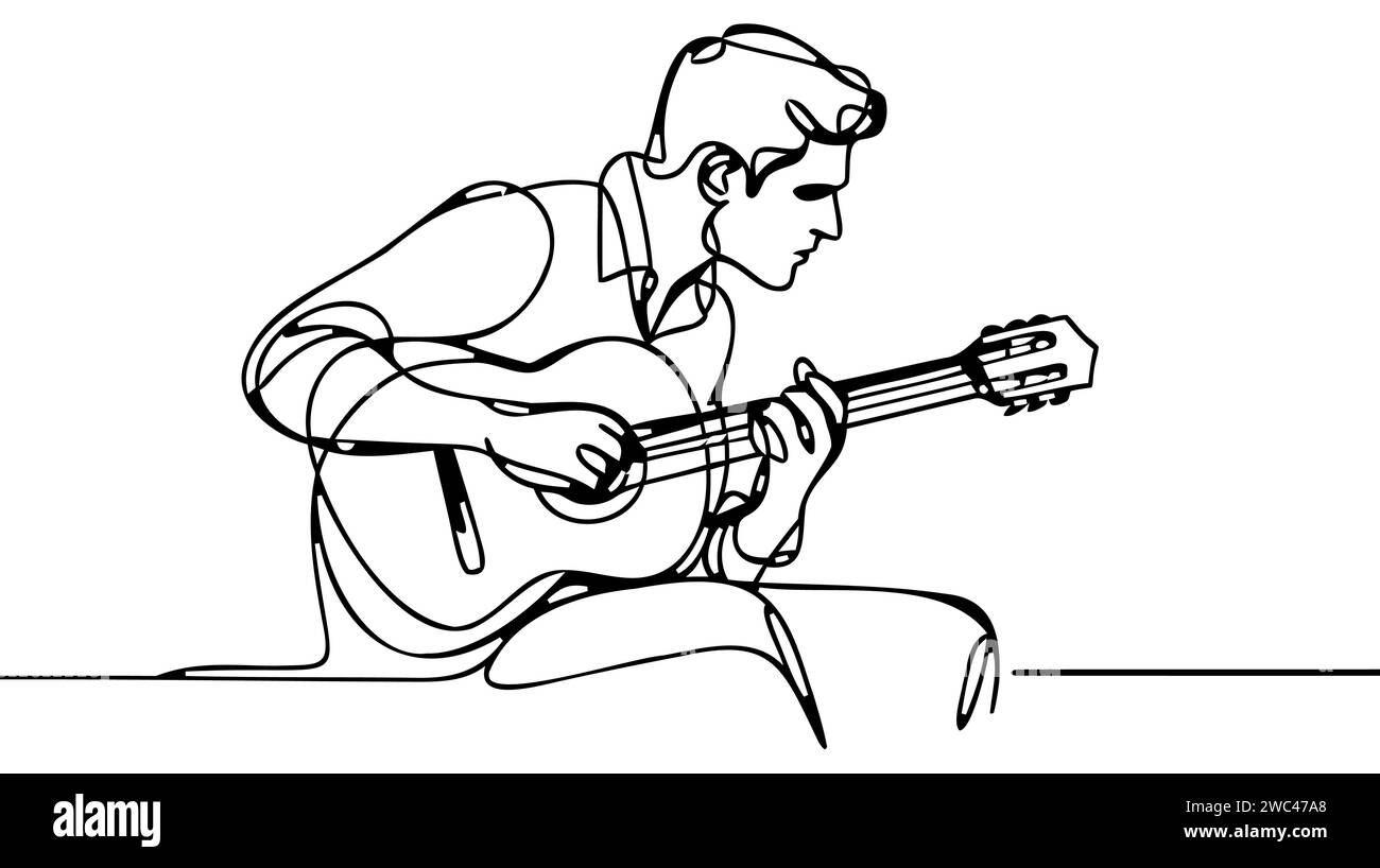 Man stands playing guitar - one line art vector. concept guitarist with ...