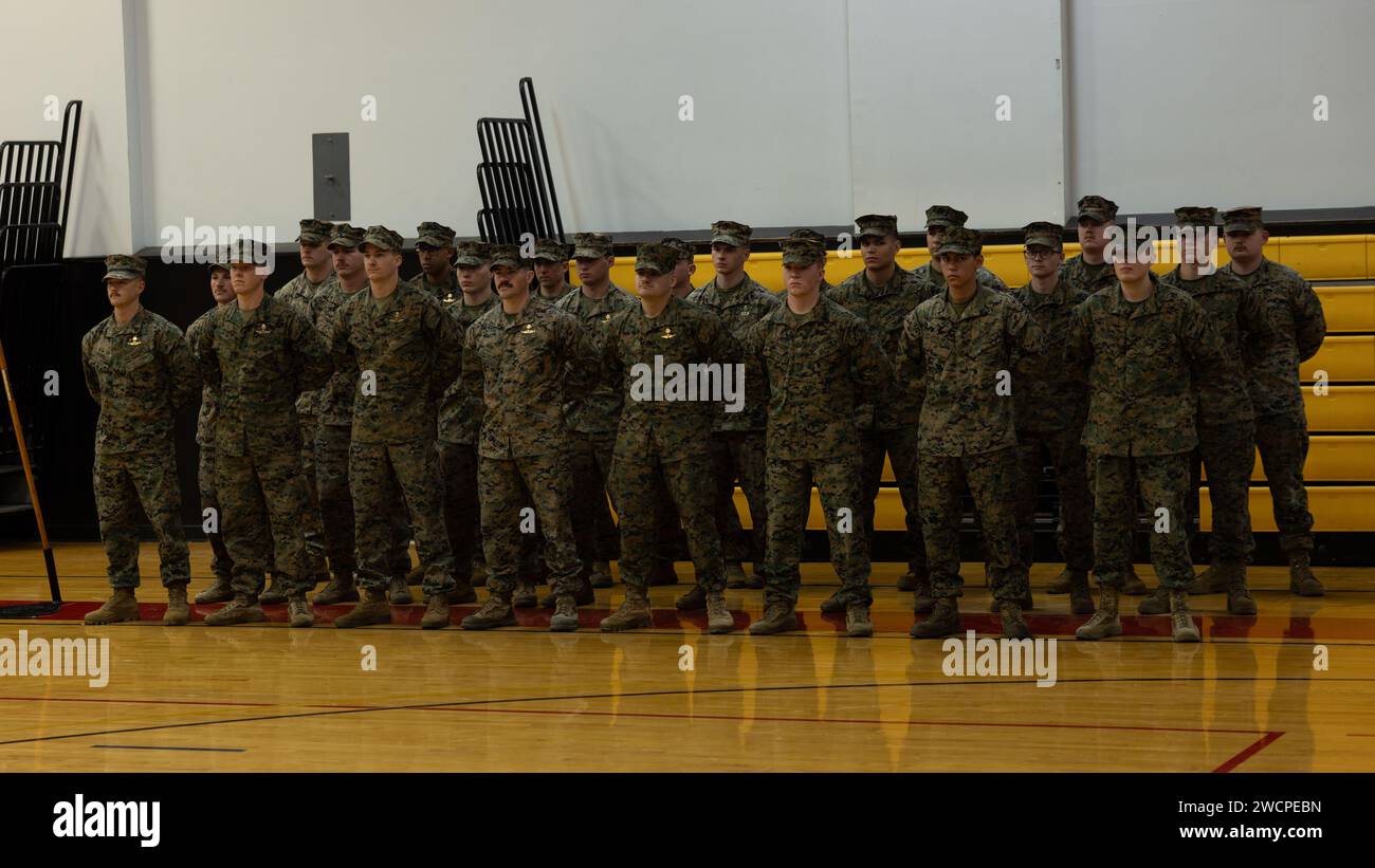 U.S. Marines with 2d Reconnaissance (Recon) Battalion, 2d Marine Division stand at parade rest during a relief and appointment ceremony on Camp Lejeune, North Carolina, Jan. 11, 2024. During the ceremony, Sgt. Maj. Nathaniel J. Dreyer relinquished his role as the sergeant major to Sgt. Maj. Brent R. Sheets. (U.S. Marine Corps photo by Lance Cpl. Tahir Noel) Stock Photo