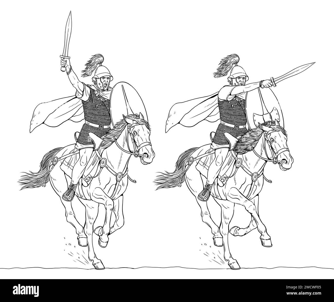 Roman cavalry on the attack. Historical hand drawing. Stock Photo